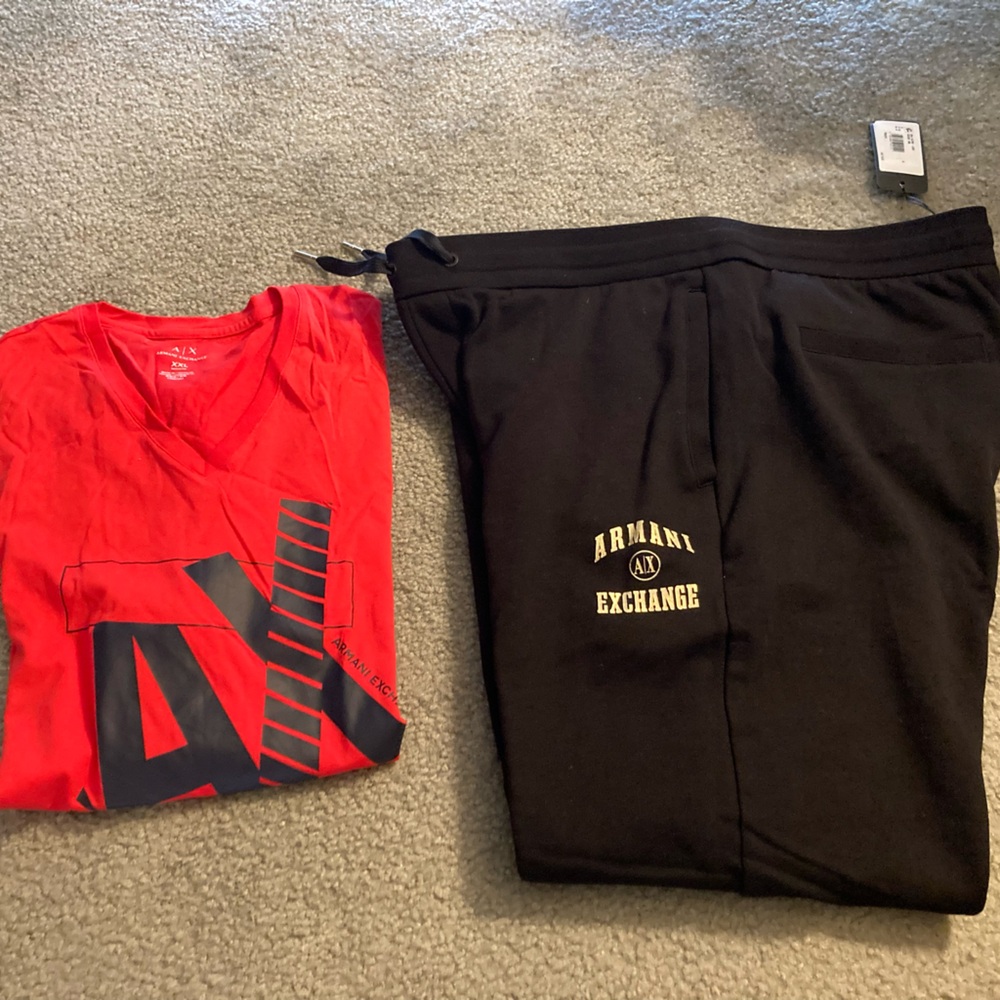 Armani Exchange Red T-Shirt and Black Sweatpants Set
